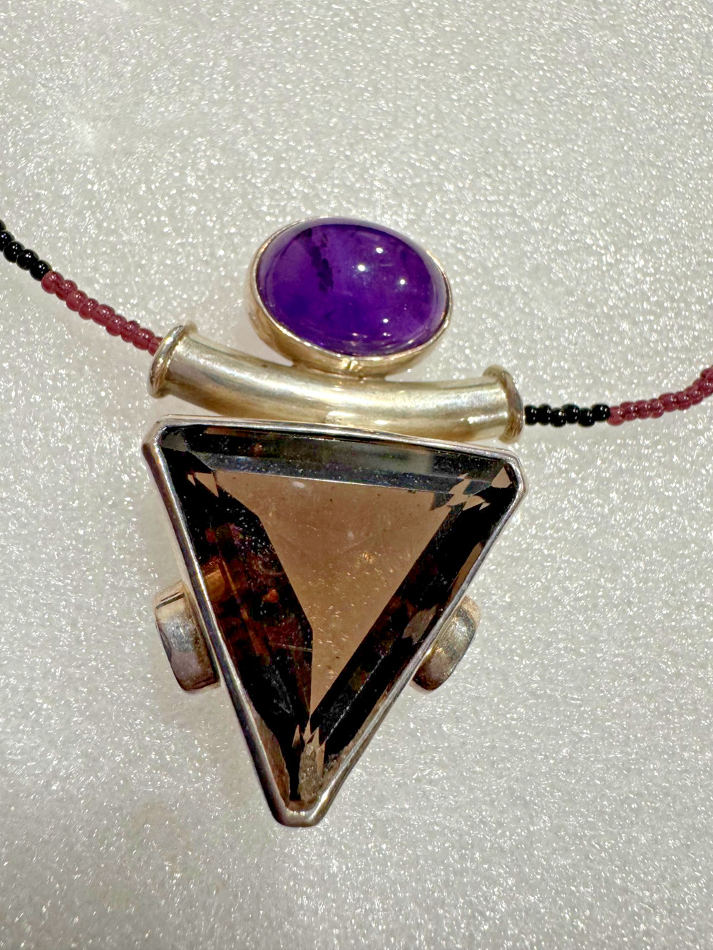 Sterling Silver Large Modernist Pendant Smoky Quartz Amethyst Triangular 34 gram